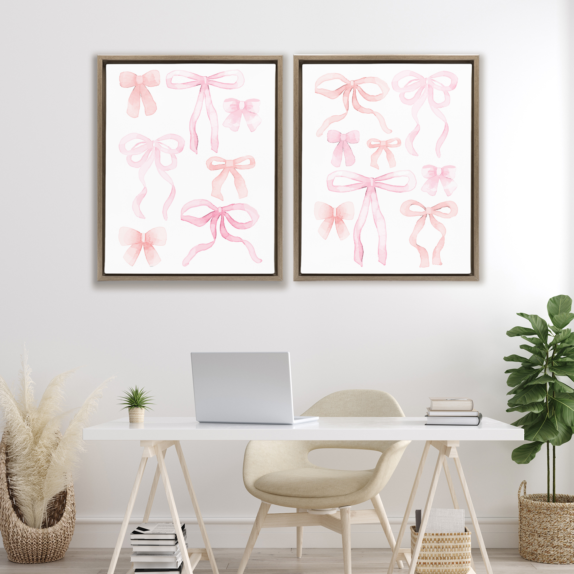 Elegant & Soft Bows 2 Piece Brown Framed Floater Canvas Set, design by Kim Allen