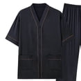 thumbnail image 3 of Ceisia Men's Casual Solid Color V Neck Button Pocket Short Sleeve Top Elastic Waist Pants Set Lounge Wear Sleepwear Black XXL Gifts for Father, 3 of 5