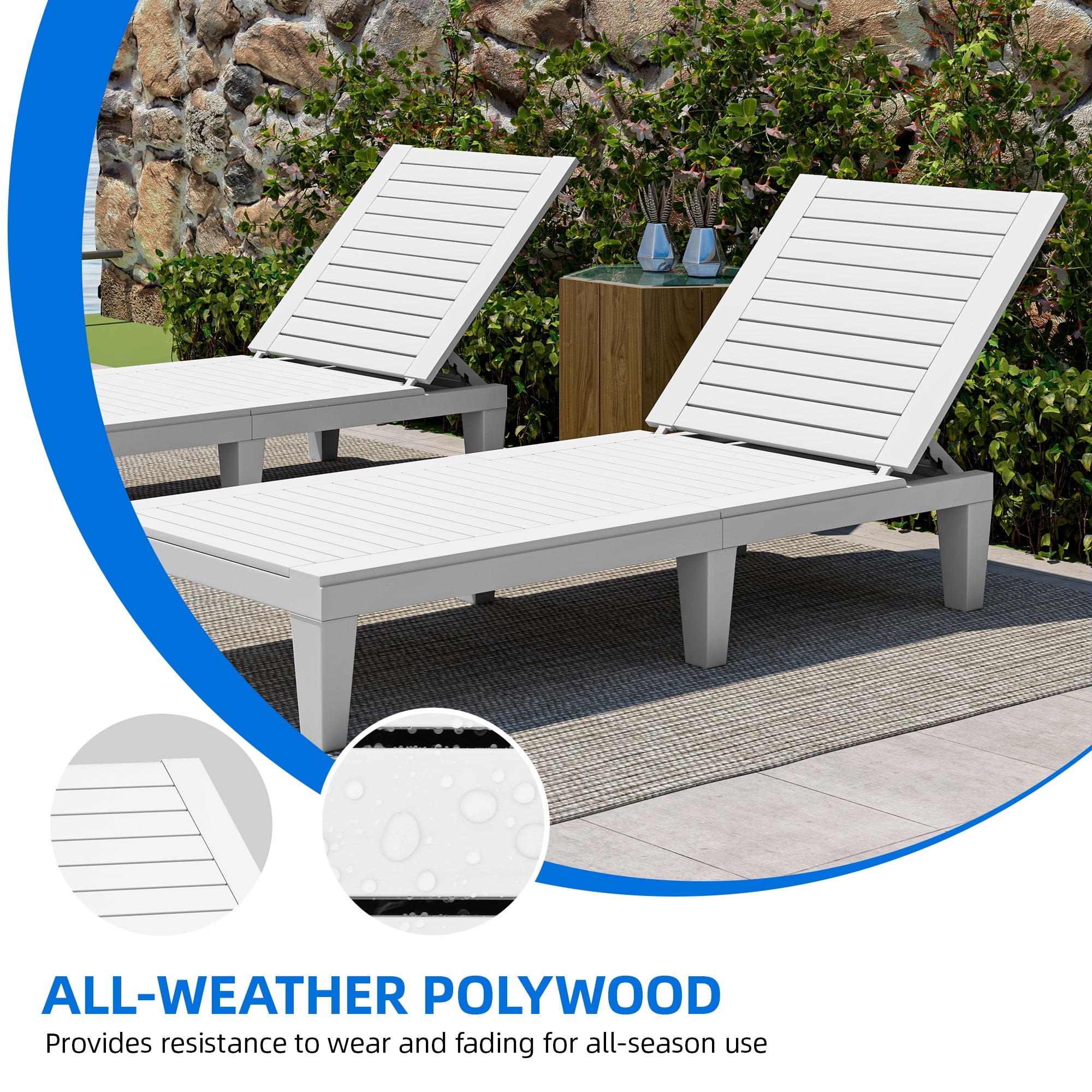 Dextrus Outdoor Resin Chaise Lounge, 2-Pack, Grey-White, Faux Wood Grain, 74.5×22.8×11.2 in, 150kg Capacity