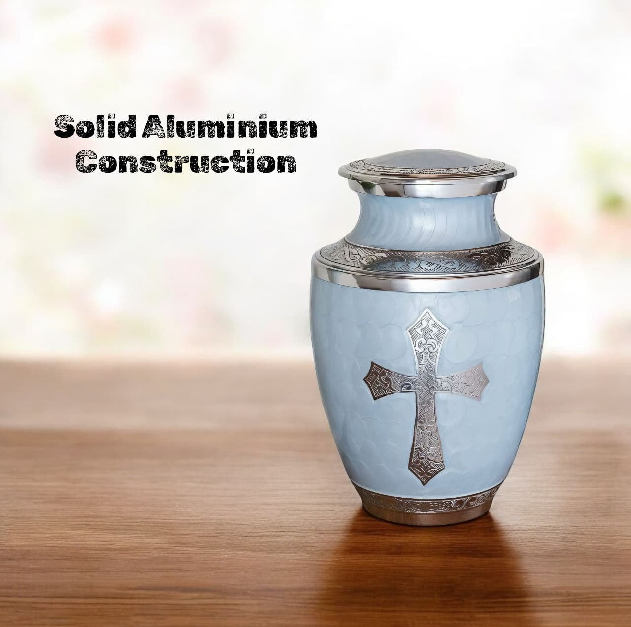 Cremation Urn for Human Ashes, Adult Sized Handmade Aluminium Urn with Cross Engraving, 200 Cubic Inches