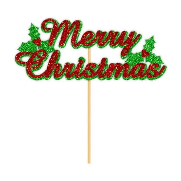 Harliver Christmas Cake Topper Decoration, Red and Grenn Glitter Merry Christmas Cupcake Toppers Food Sticks, Xmas Holiday Cake Toppers Festive Decorative, Cake Accessories