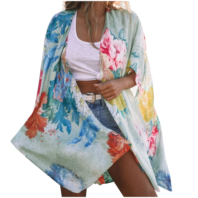 Kimono de playa de chifón con estampado Floral para mujer, chal, manga 3/4, cubierta suelta Pompotops qwe20201
