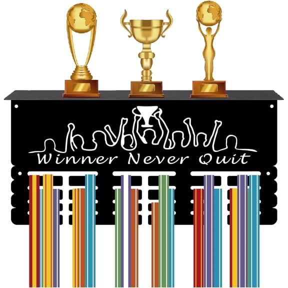 Medal Hanger Display with Shelf Stand - Sports 4 Rows Wall Mount Hold 70  Medals for Gymnastics Soccer Running Swimming Awards Rack 15.7 x 7.9Inch - Winner Never Quit Black DIY