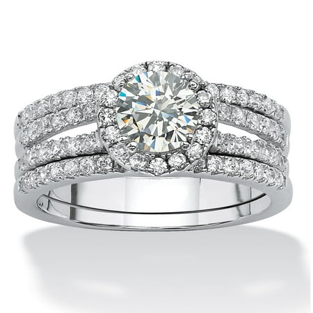 - 1.75 TCW Round Cubic Zirconia Halo Bridal Set in Platinum over Sterling Silver