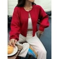 thumbnail image 3 of Women Button Up Cardigan Fall Trendy Crew Neck Long Sleeve Knit Cropped Sweater Jacket Red XL, 3 of 5
