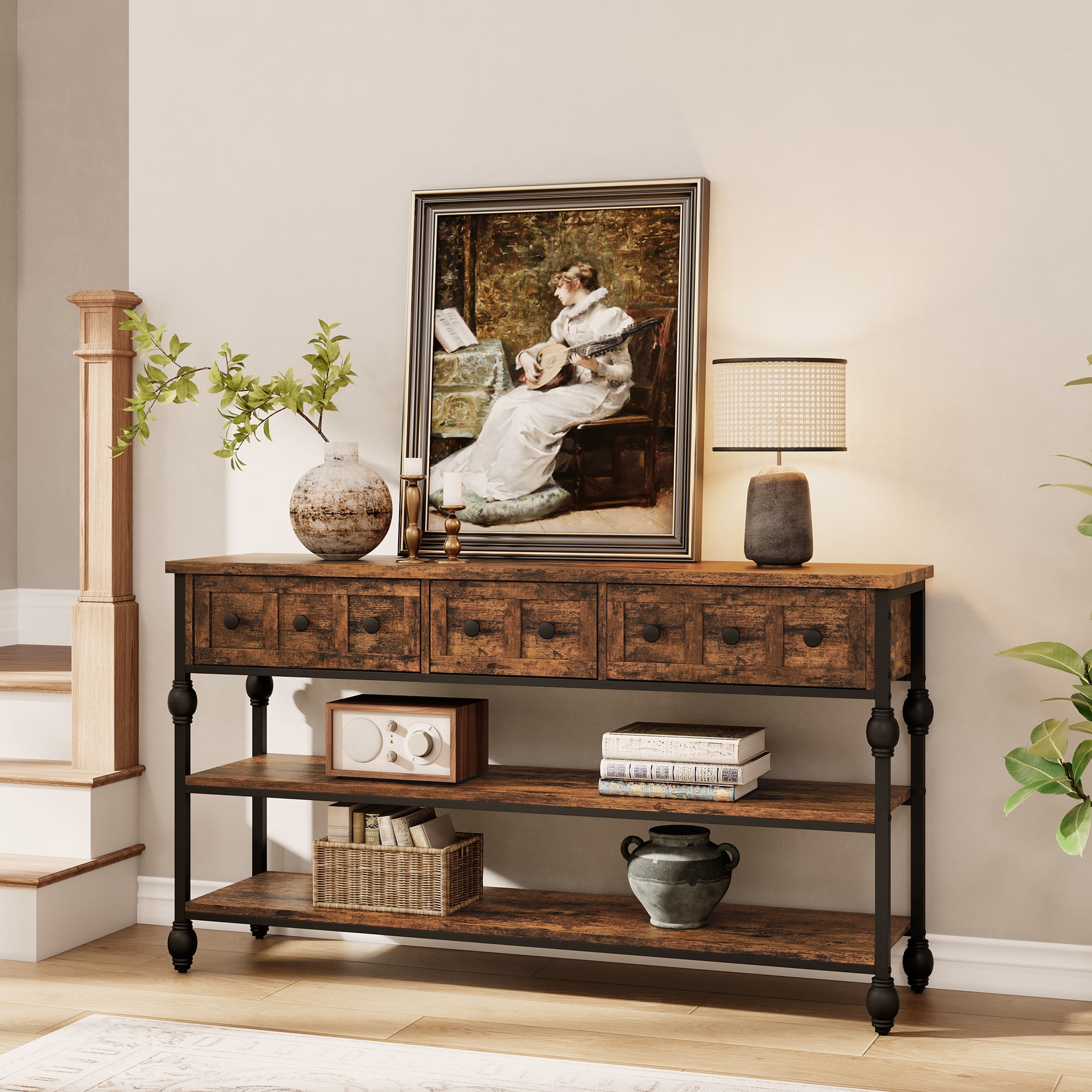 52.5 Inch Long Console Tables for Entryway with 3 Drawers, 3-Tier Industrial Metal Frame Sofa Table with Roman Column Legs for Hallway, Living Room, Foyer, Retro