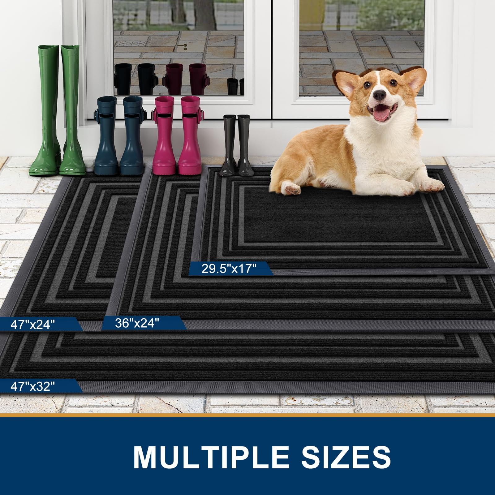 Buganda Heavy Duty Door Mats, Non Slip Waterproof Rubber Doormats for Outdoor and Indoor, Low Profile Dirt Trapper Entry Rugs, 29"x17", Black