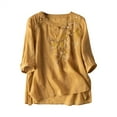 thumbnail image 2 of Women's Chiffon Shirt Half Sleeve Shirts For Women Summer Crewneck Trendy Blouse Loose Fit 2025 Embroidered Tops Boho Cotton Linen Tunics,Yellow Women's Chiffon Shirt XL, 2 of 3