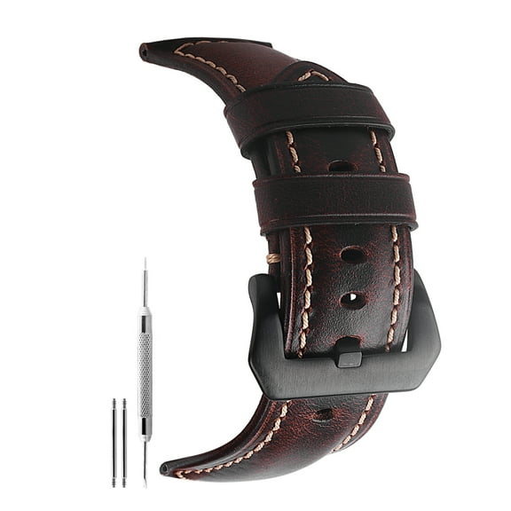 26 mm Genuine Leather Watch Strap Coffee Oil-Tanned Leather Strap with Black Buckle