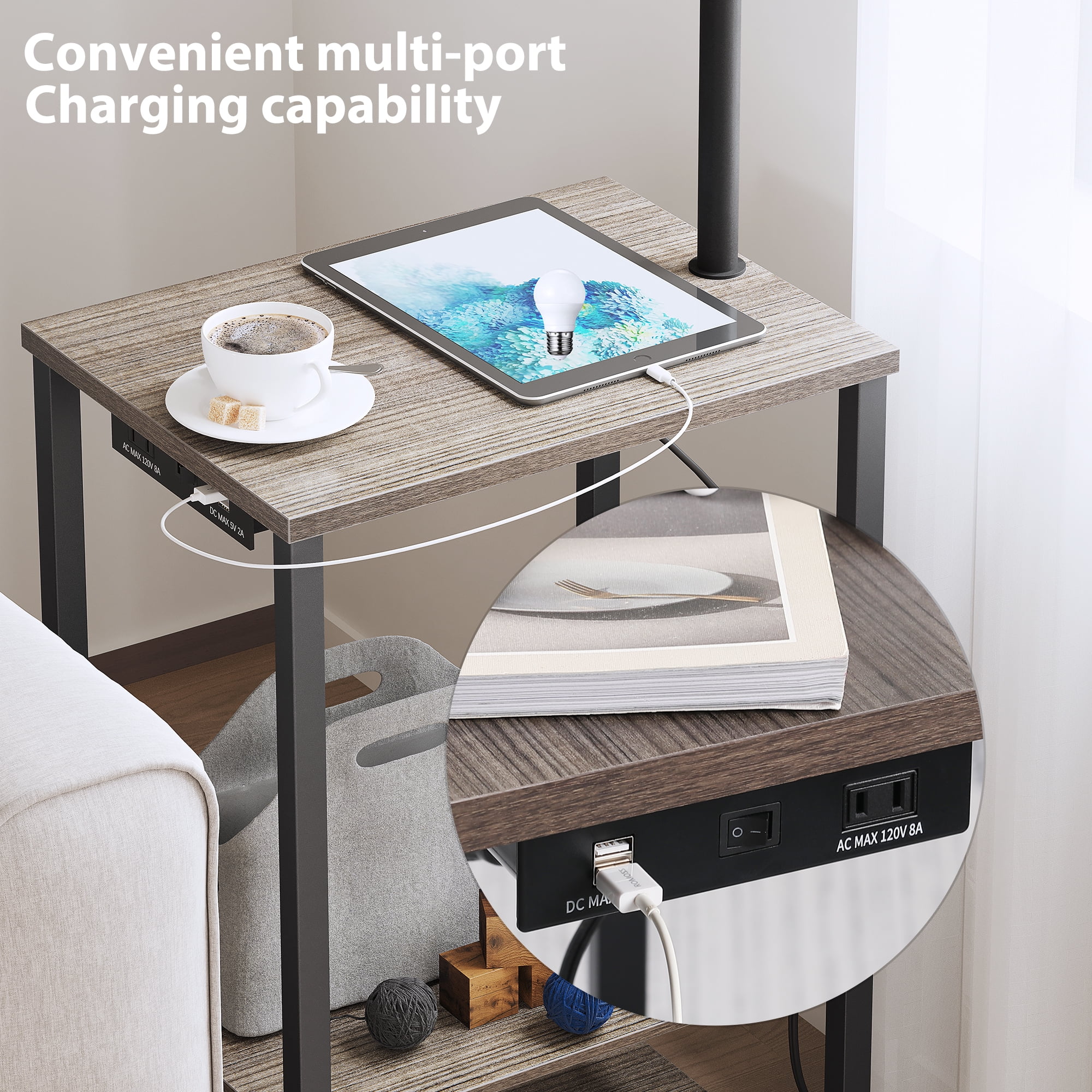 SUNMORY Floor Lamp with Table Lamps for Living Room with Charging Station(USB & AC Port) Rustic End Table Lamp with Shelves & 3-Color Temperature LED Bulb Lamp Table for Living
