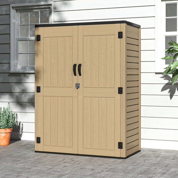 Dextrus Tall Outdoor Storage Shed, Vertical Lockable Tool Storage Resin Shed for Garden, Garage, Patio, No Shelves Included, Brown