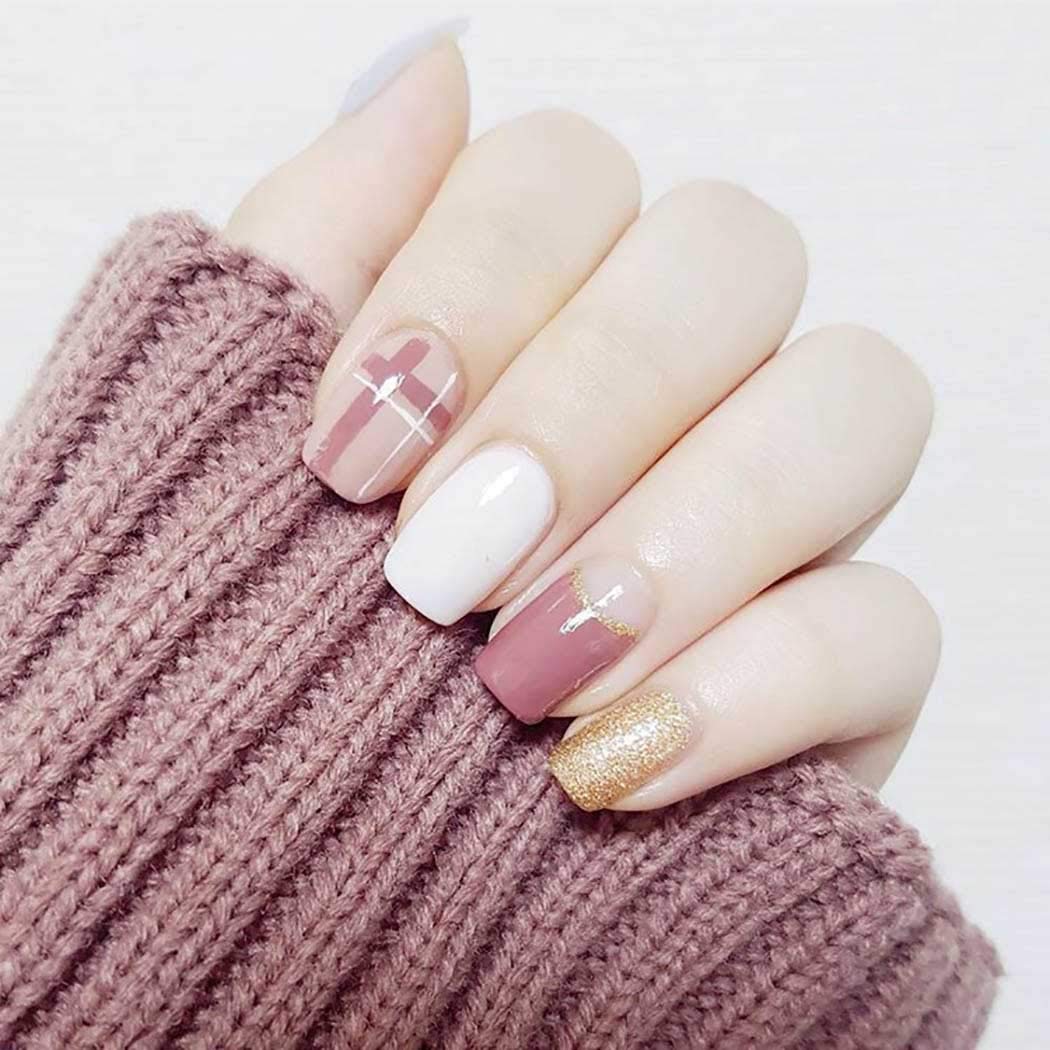 Glossy Press On Nails Pink Short Square Fake Nails Tips Full Cover Acrylic Glitter False Nails For Women And Girls 24pcs Walmart Com Walmart Com