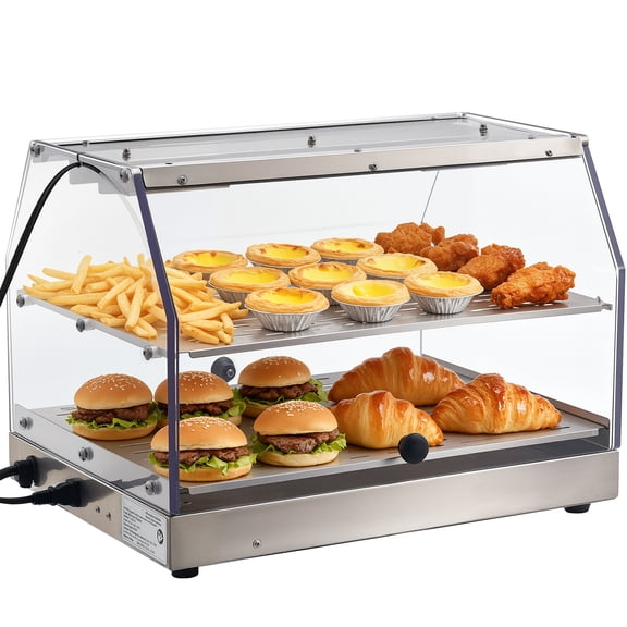 KFFKFF 2-Tier Commercial Food Warmer Display, 450W Food Display Warmer with Lighting, Removable Shelves and Dual-Sided Door Design, Adjustable Temperature Range 85℉~185℉, 48L Capacity for Burgers