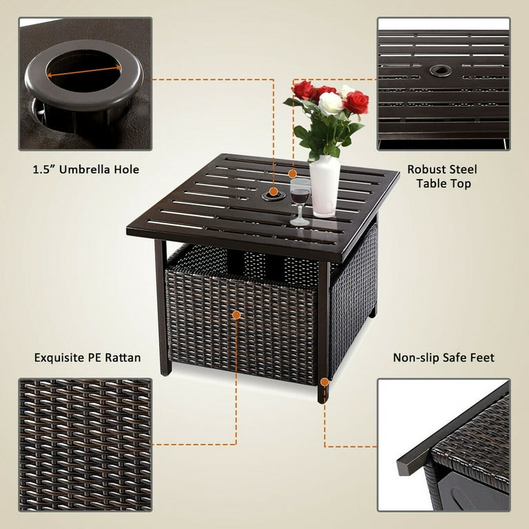 Costway Brown Rattan Wicker Steel Side Table Outdoor Furniture Deck Garden Patio Pool