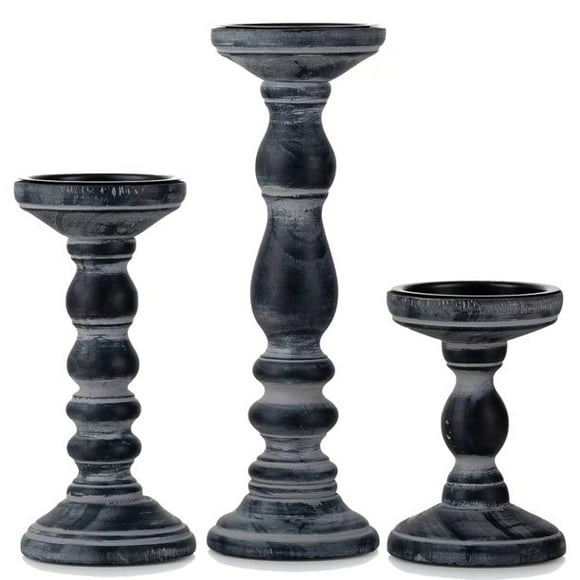 Nuptio Farmhouse Wooden Pillar Candle Holders Set of 3, 6"+8"+12"