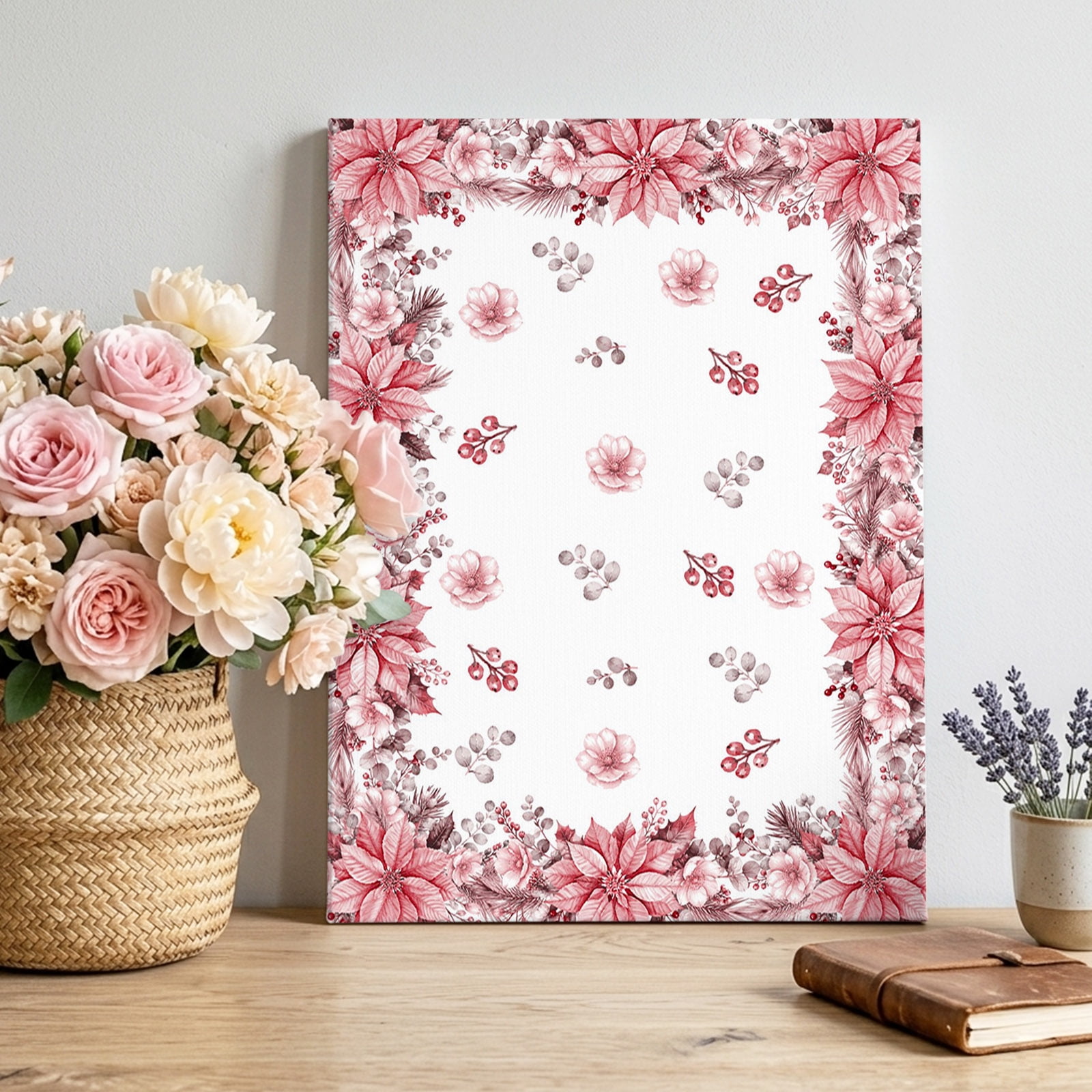 Christmas Red Floral Canvas Wall Art Winter Pastoral Flower Berry Leaf Gingham Pictures Wall Decor Wooden Framed Artwork Art Prints for Living Room Hallway Bedroom Office 20 x30