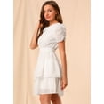 thumbnail image 4 of INSPIRE CHIC Women's Tie Neck Ruched Sleeve Elastic Waist A-Line Double Layers Ruffle Hem Short Dress, 4 of 6