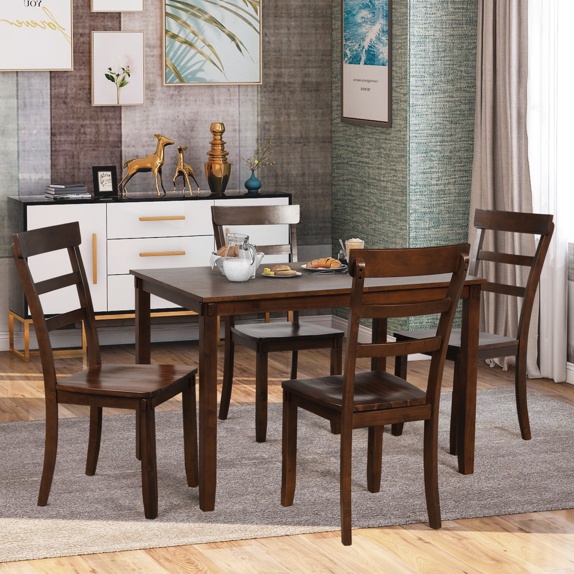 5 Piece Dining Table Set, Square Kitchen Table with 4 Chairs, Compact