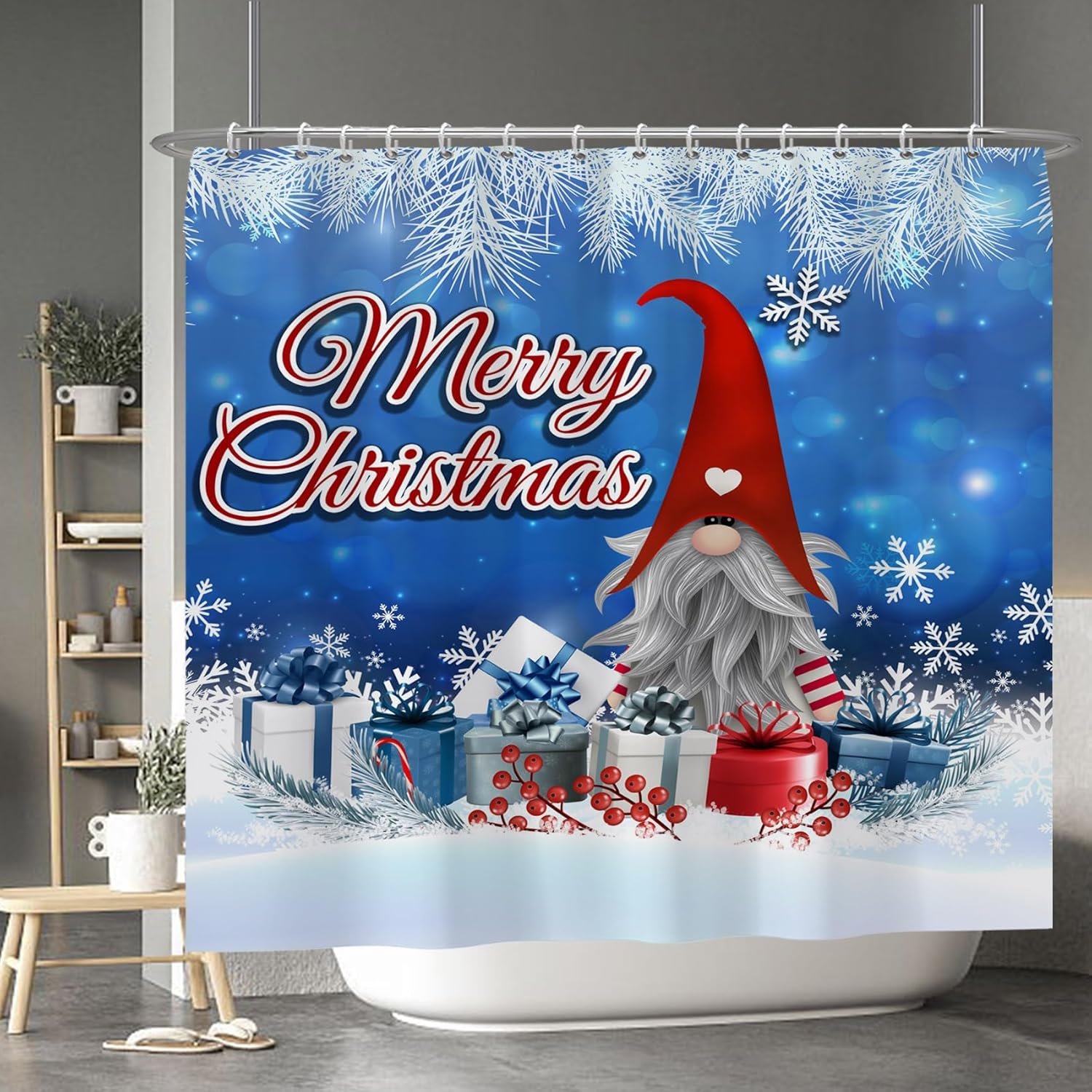 Merry Christmas Shower Curtain Set Winter Holiday Xmas Gifts Red Gnome Snowflake Vintage Farmhouse Shower Curtain for Bathroom Bathtubs with Hooks 84x72 Inches Polyester Waterproof Fabric