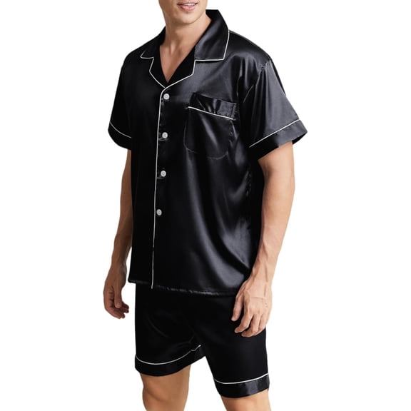 SMZ Mens Satin Pajamas Set Short Sleeve Button Down Sleepwear Silk Lounge Set Soft Two Piece PJs with Pockets