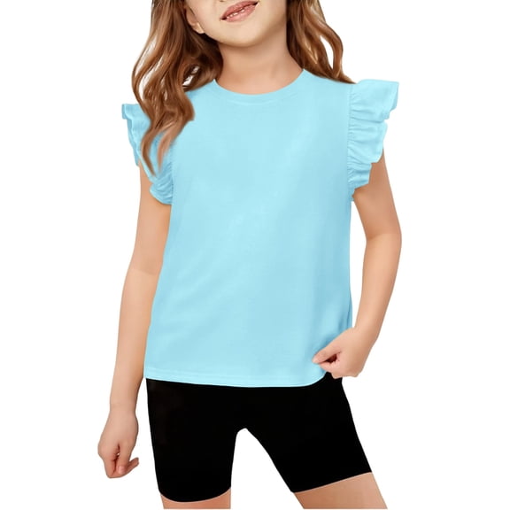 XADYUY Girls Tshirts 8-10 Years Old Crewneck Solid Tshirt Ruffle Short Sleeve Girls Shirts Summer Dressy Cotton Tops,Blue,1-2Years