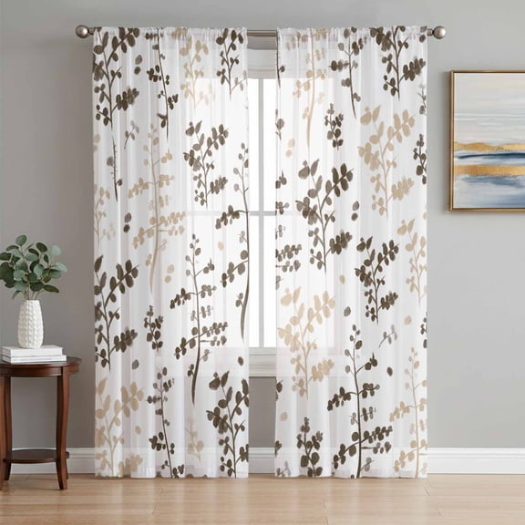 Brown Beige Botanical Sheer Curtains 96 Inch Length 2 Panels Set Window Treatments, Watercolor Spring Floral Summer Leaf Rod Pocket Semi Curtains for Living Room/Bedroom/Kitchen Décor, 104"W x 96"L