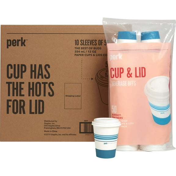 Staples Perk Paper Cup & Lid Combo 12 Oz. White/Blue PK54365CT
