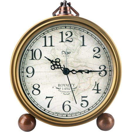 Vintage Metal Desk Clock - Small Silent Non-Ticking, Battery Operated Table Clock for Bedroom, Office & Living Room Decor (Gold)