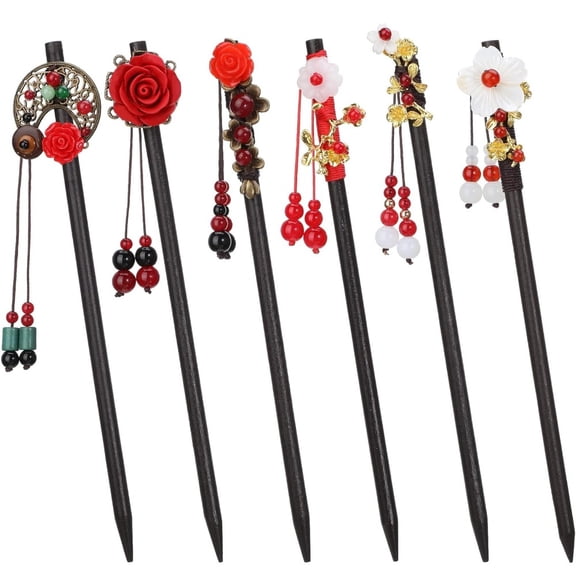 6 Pcs Retro Wood Hair Sticks - Exquisite Floral Beaded Hair Chopsticks, Natural Wood Hairpins for Women, Ideal Gift for Party & Festival Season
