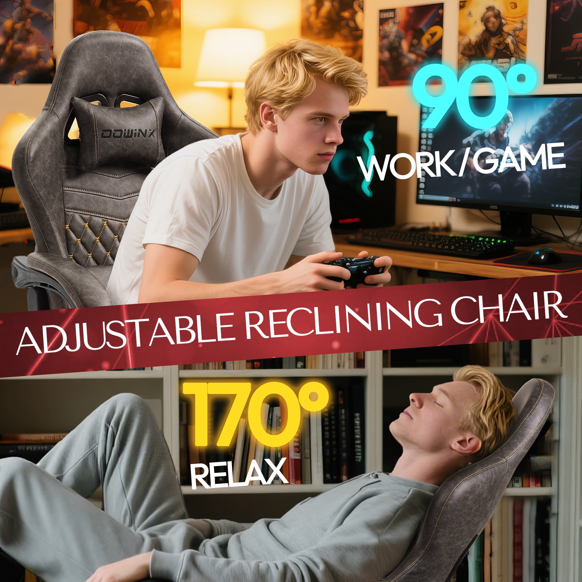 GOOSEA Big and Tall Gaming Chair with Footrest, Ergonomic High Back Office Computer Chair, Adjustable Massage Lumbar Support, PU Leather for Adults, 350Lbs, Brown