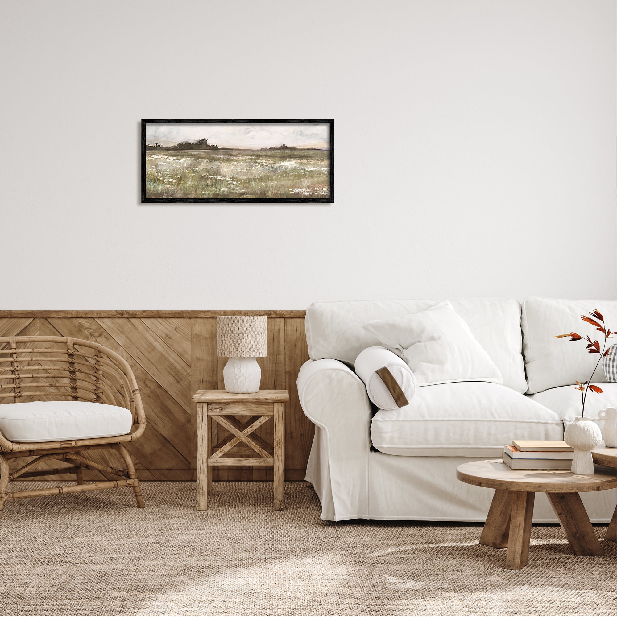 Stupell Industries Rural Country Meadow Nature Painting Black Framed Art Print Wall Art, 30 x 13
