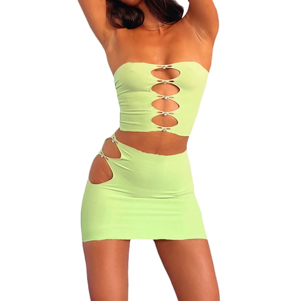 VISgogo Conjunto de Traje Femenino de 2 Piezas, Chaleco Corto Ahuecado Sin Tirantes de Color Sólido + Paquete de Falda de Cadera para Verano, S/M/L/XL VISgogo moda