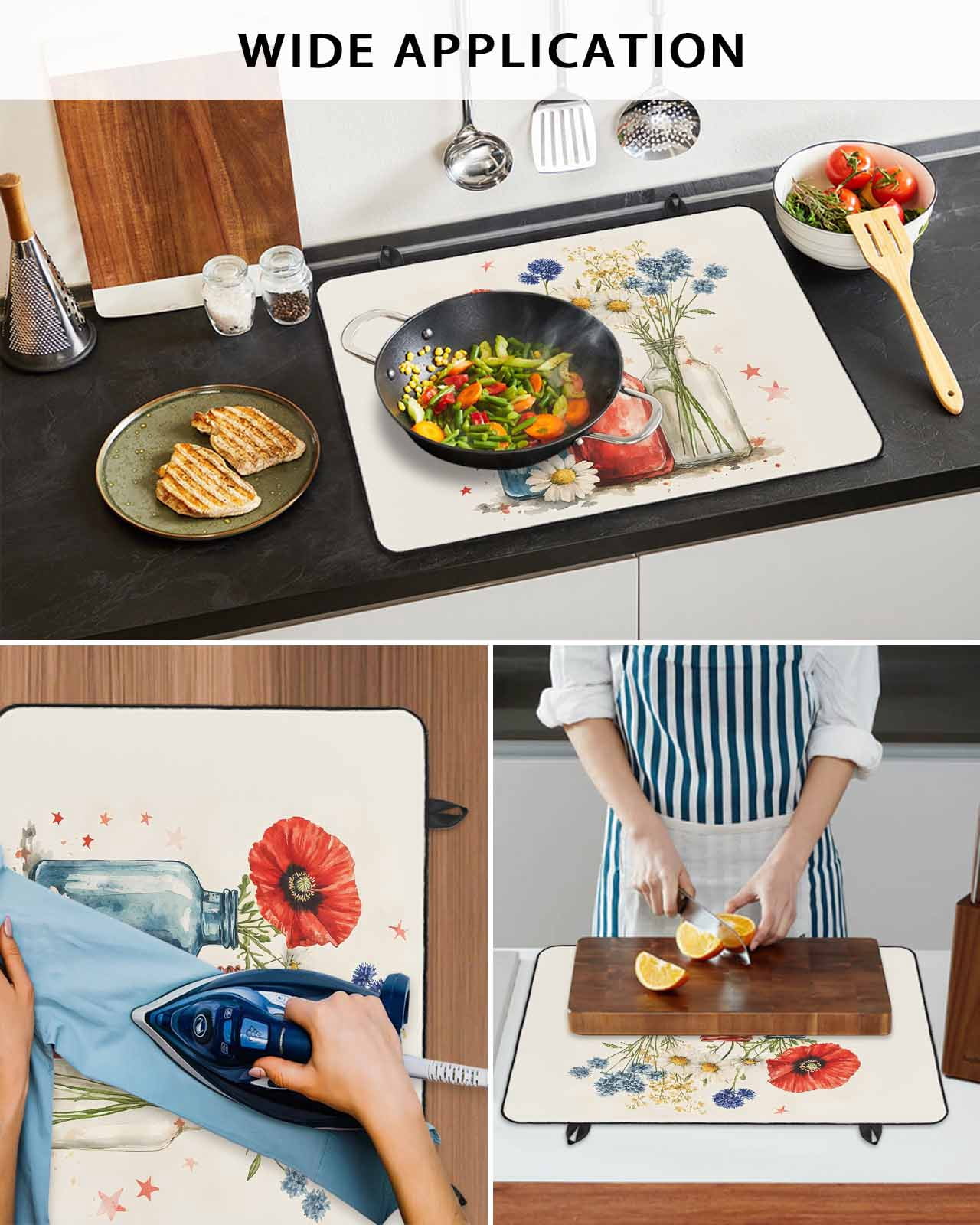 nqOlkjepod Large Induction Cooktop Protector Mat 24"x21", Vintage Flower Stove Top Covers for Electric Stove, Red Blue Bottle Floral Country Plant Stove Burner Cover Mats, Glass Top Stove Cover