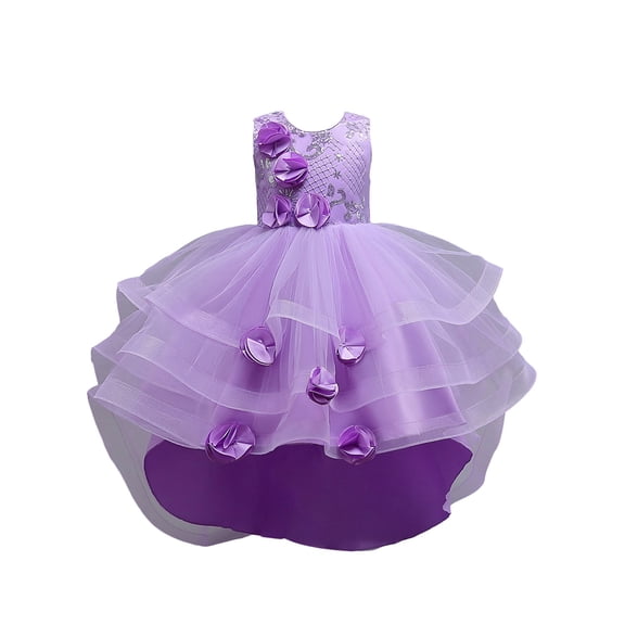 Girl Rose Ruffle Tutu Gown Flower Girl‘s Sleeveless Lace Princess Dresses with Long Hem Party Ball Tulle Pageant Gowns for Wedding, Birthday, Christmas - 5-12T