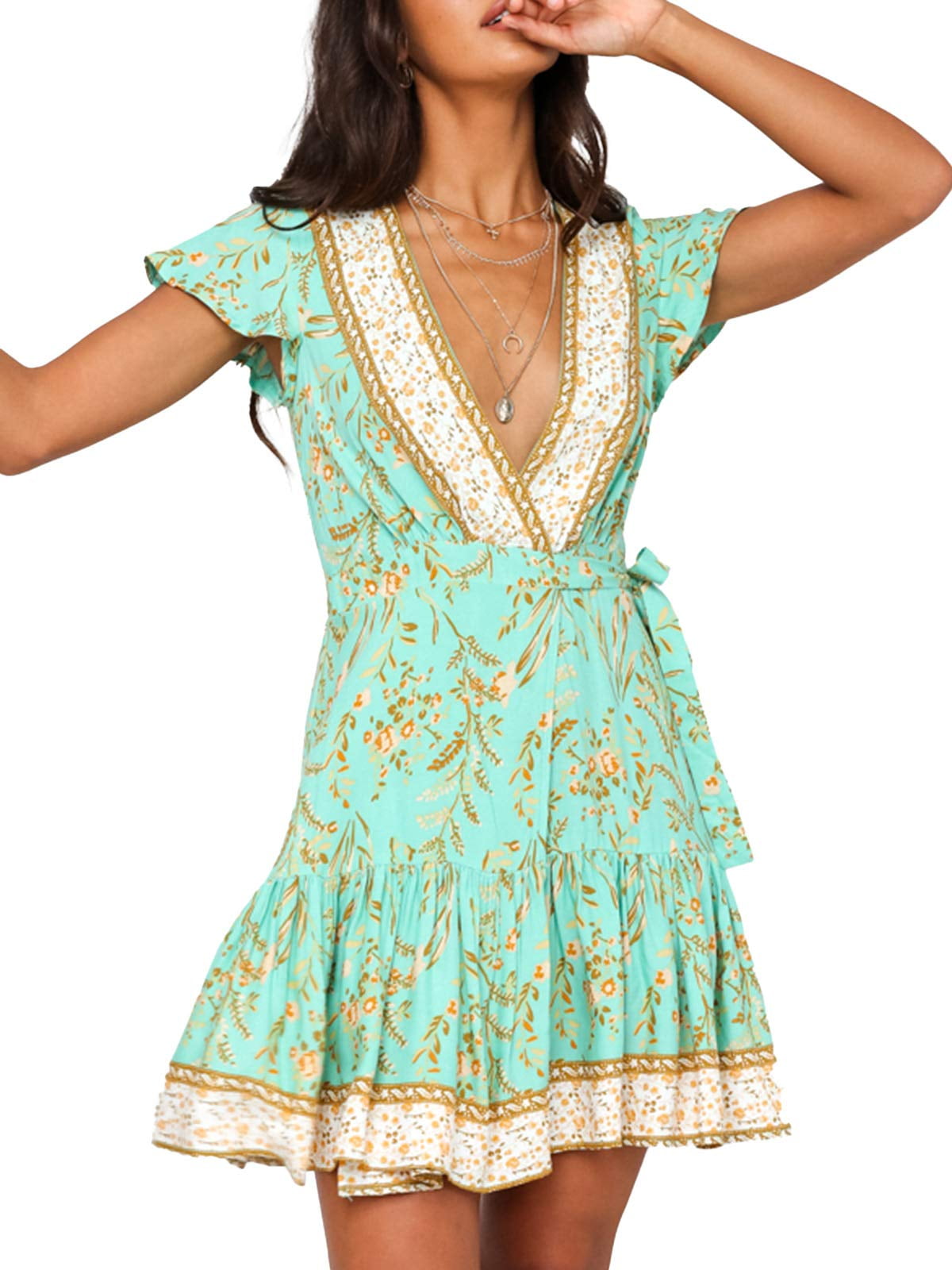 SWQZVT Women's Summer Wrap V Neck Bohemian Floral Print Beach elements