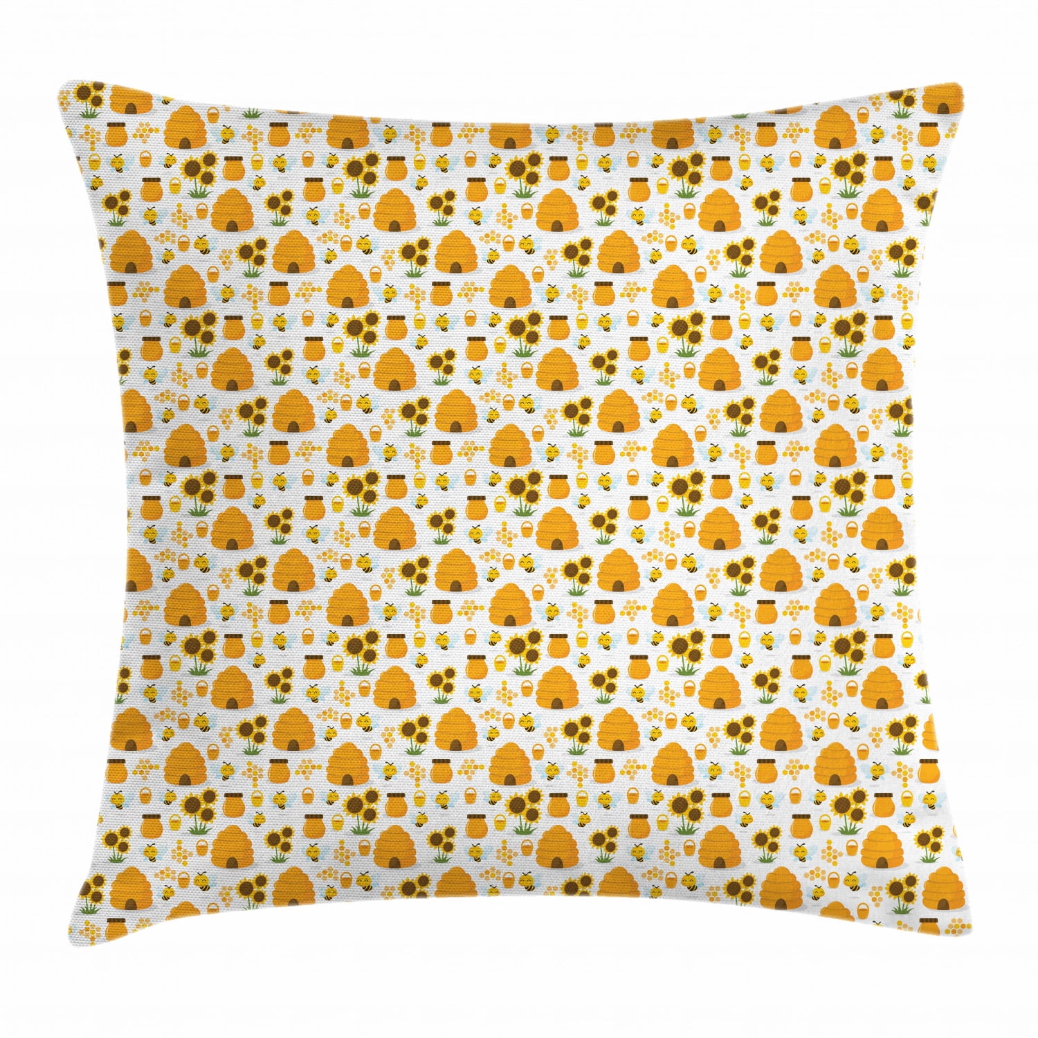 Bee Throw Pillow Cushion Cover, Happy Smiling Bumble Bees Theme with