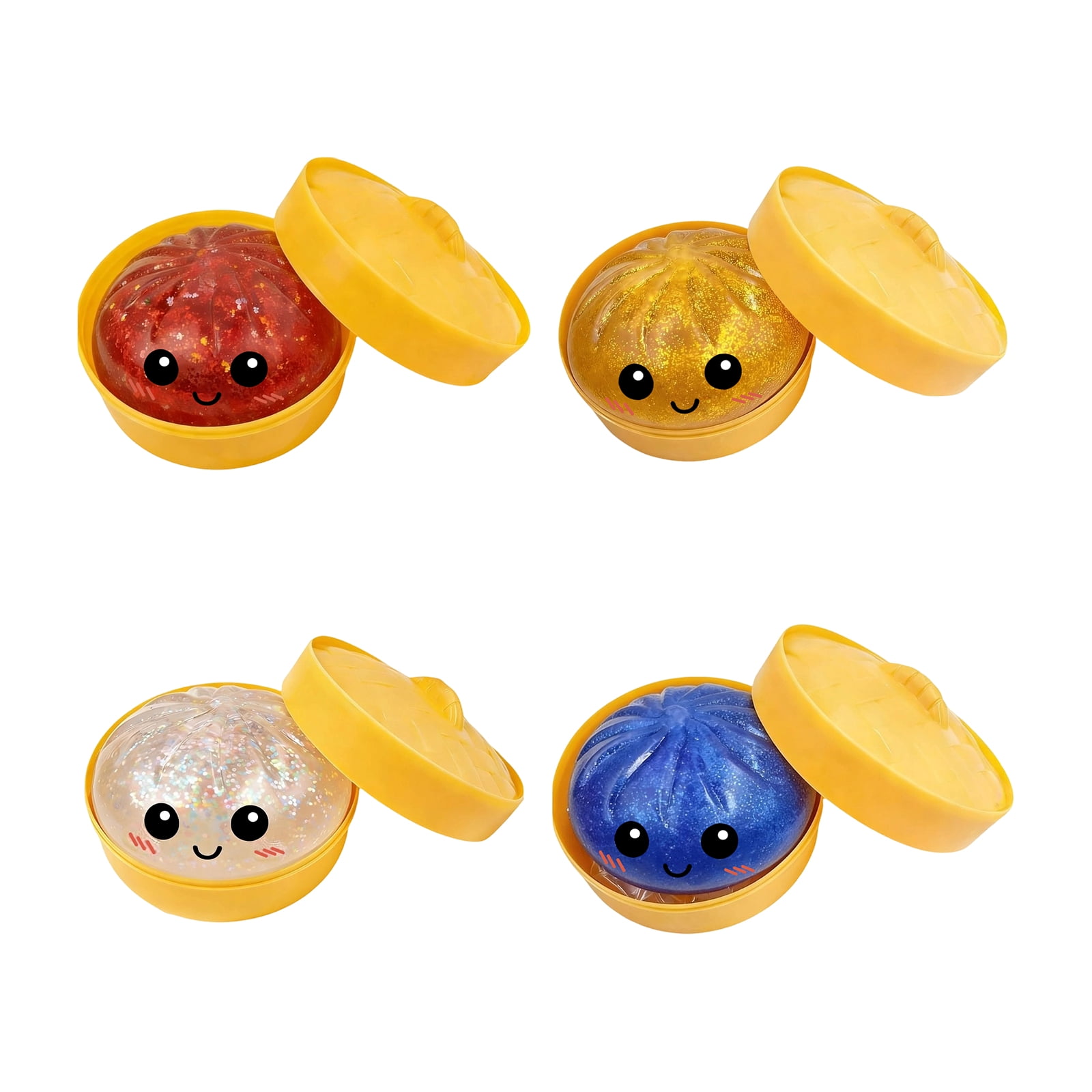 4Pcs Glitter Dumpling Squishy Random Color, Cute Squishy Dumpling Large, Squishy Dumpling Doll with Cute Expressions, Silicone Bun Sensory Fidget Dolls, Hand Pinching Decompression Dolls
