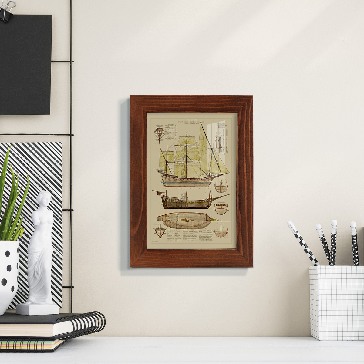 Antique Ship Plan II -Framed Print w/glass-Chestnut