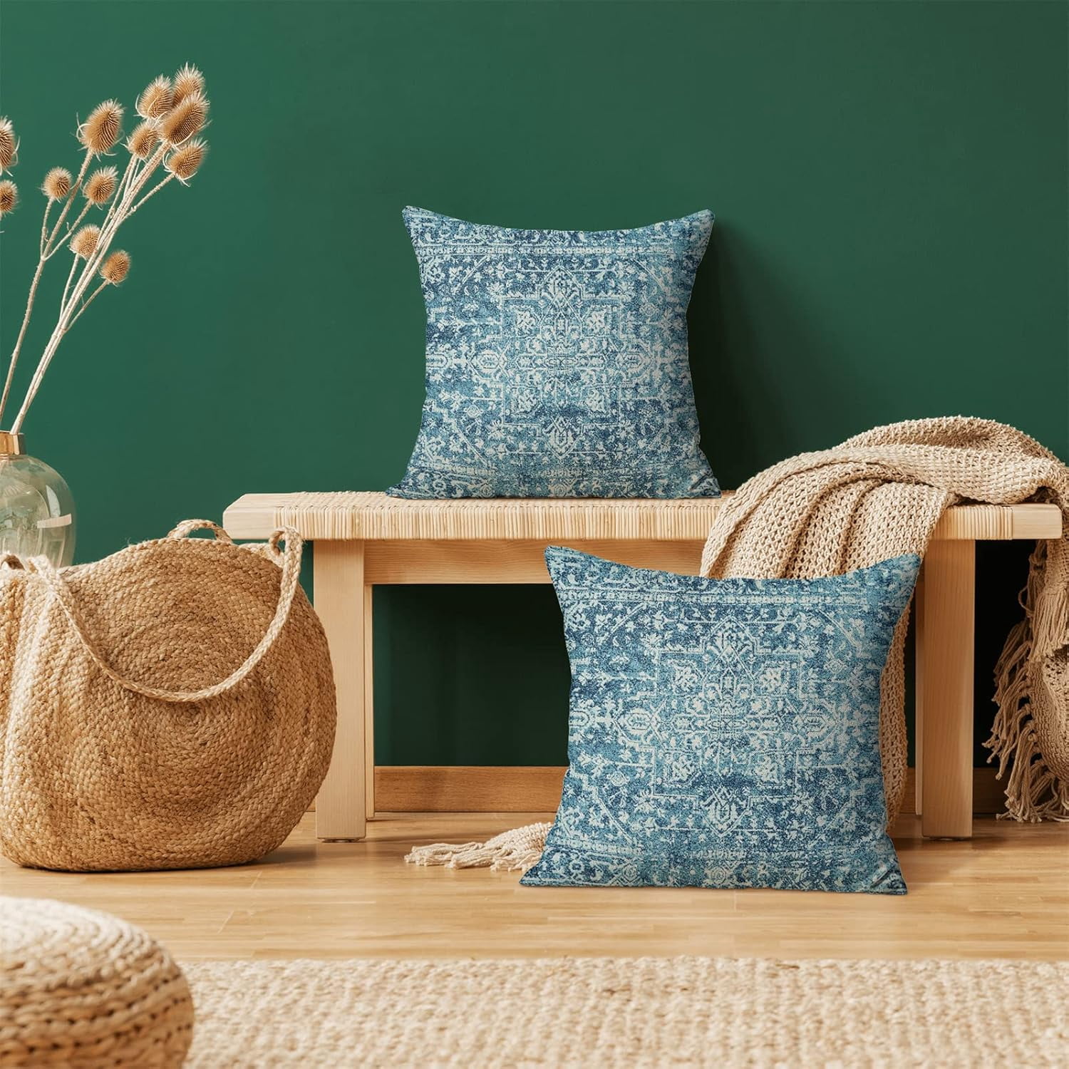 Boho Pillow Covers Set of 2 16x16 Inch Teal Carpet Pattern Decorative Throw Pillows with Linen Ethnic Design for Farmhouse Sofa Couch Outdoor Decor Add a Splash of Color