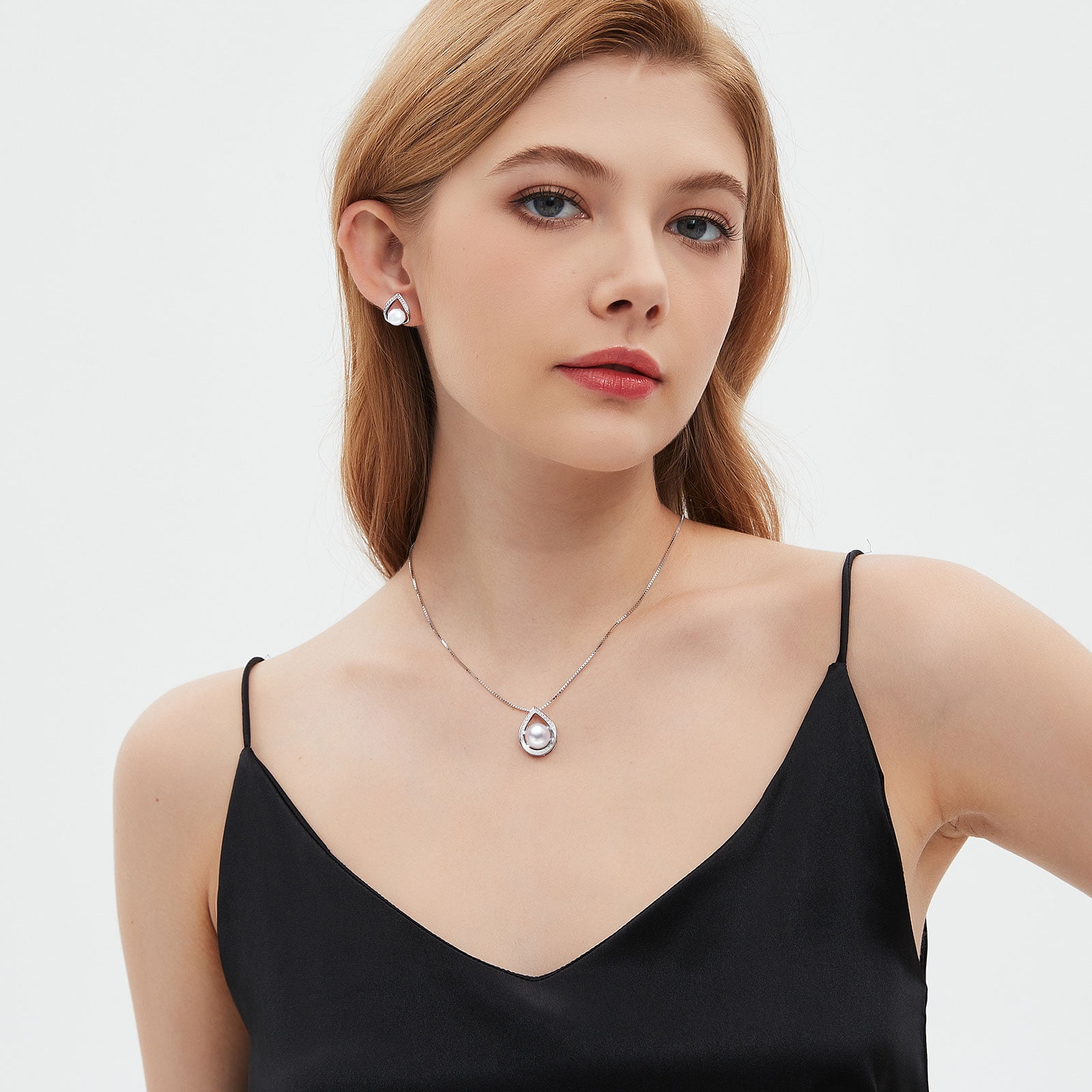 Bamiki White Pearl Necklace and Earrings Set | 925 Sterling Silver Jewelry Set with Pendant and earrings Valentine's Day Gift