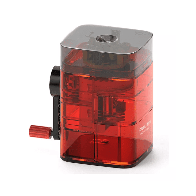 sacapuntas afilador de lápiz belug automático rojo, vista 3/4 frontal con cuerpo plástico rojo translúcido y tapa superior ahumada; manivela lateral negra con mango rojo, depósito visible de gran capacidad para virutas, interruptor para bloquear la hoja y base con almohadillas antideslizantes, pensado para escritorios escolares y de oficina y a menudo usado también para afinar lápices artísticos en estudios.