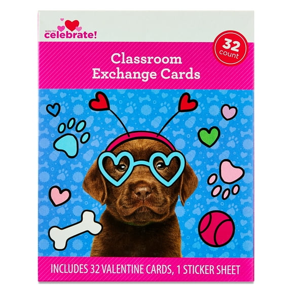 Dog Classroom Exchange Cards, Multicolor, 32 Count, Valentine's Day by Way To Celebrate