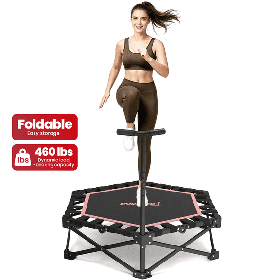 FasBrand 42'' Foldable Mini Trampoline, Rebounder Trampoline with Adjustable Foam Handle, Fitness Trampoline for Indoor, Outdoor, Home Gym, Max Load 460lbs