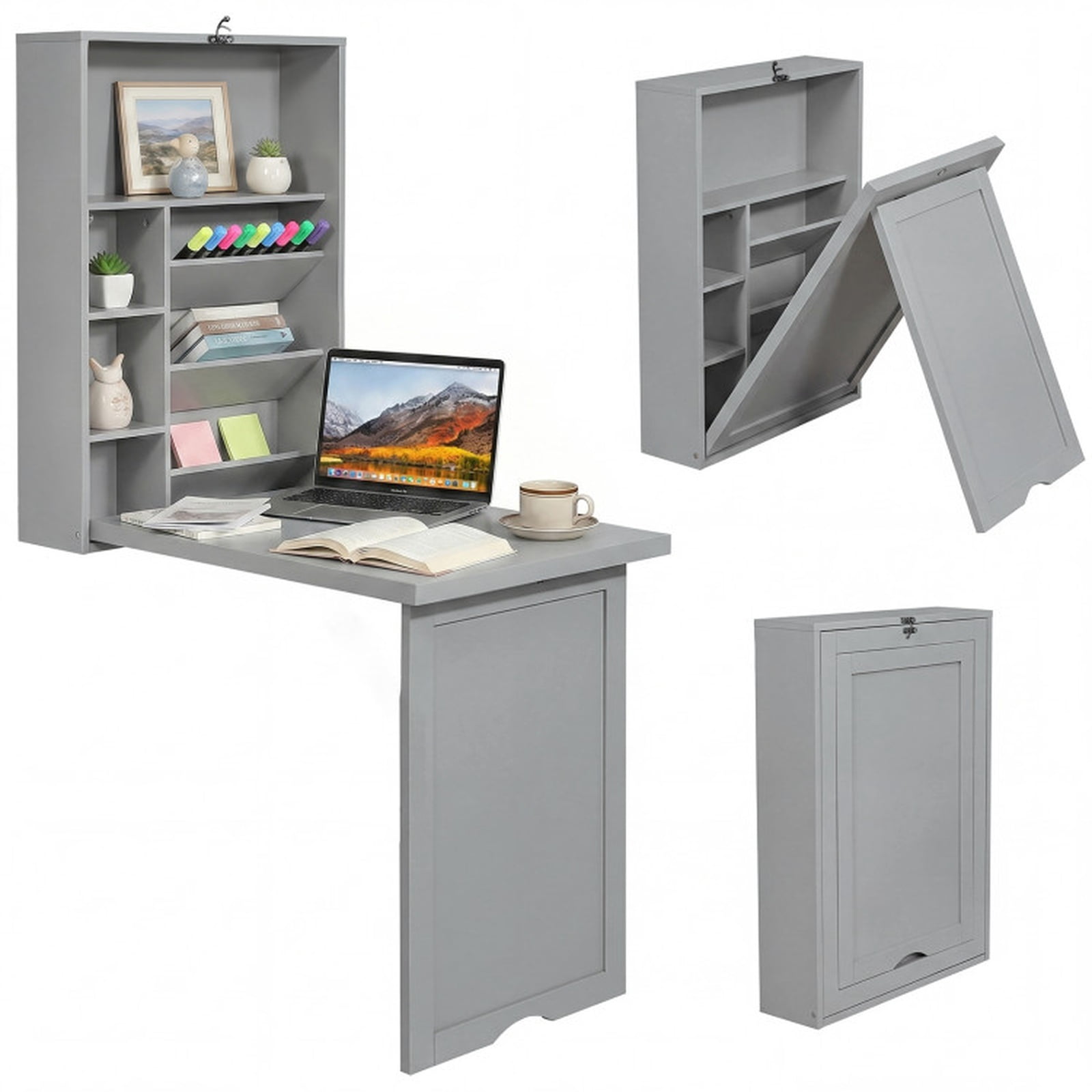 Furnibear Wall Mounted Fold Out Convertible Floating Desk Space Saver with Shelves for Small Spaces Home Office Study, Gray