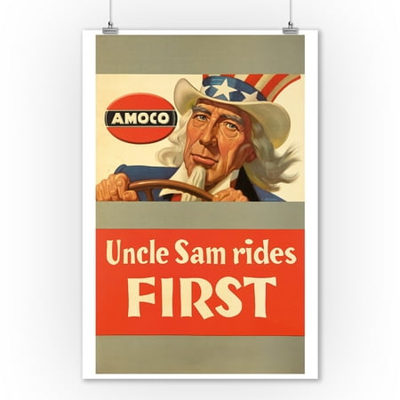 Vintage Uncle Sam - Amoco - Uncle Sam Rides First Vintage Poster (artist: Brehm, George) c. 1943 (9x12 Art Print, Wall Decor Travel Poster)