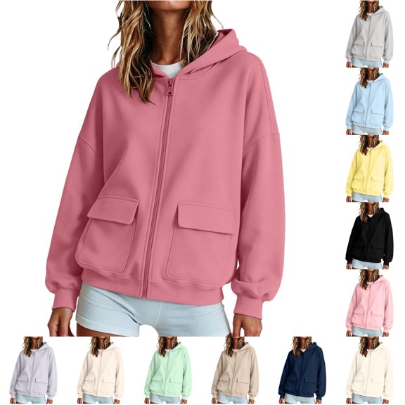 Zijinkuiwen Women Solid Full Zip Up Hoodie with Dual Flap Pockets Long Sleeve Drop Shoulder Loose Relaxed Fit for Everyday Daily Casual Outfit,XL