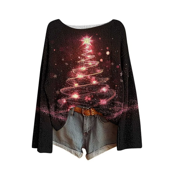 LMKIHUSA Cute Sweaters for Women Christmas Casual Trendy Fall Winter 2025 Pullover Crew Neck Novelty Printed Knit Tops Red,XL