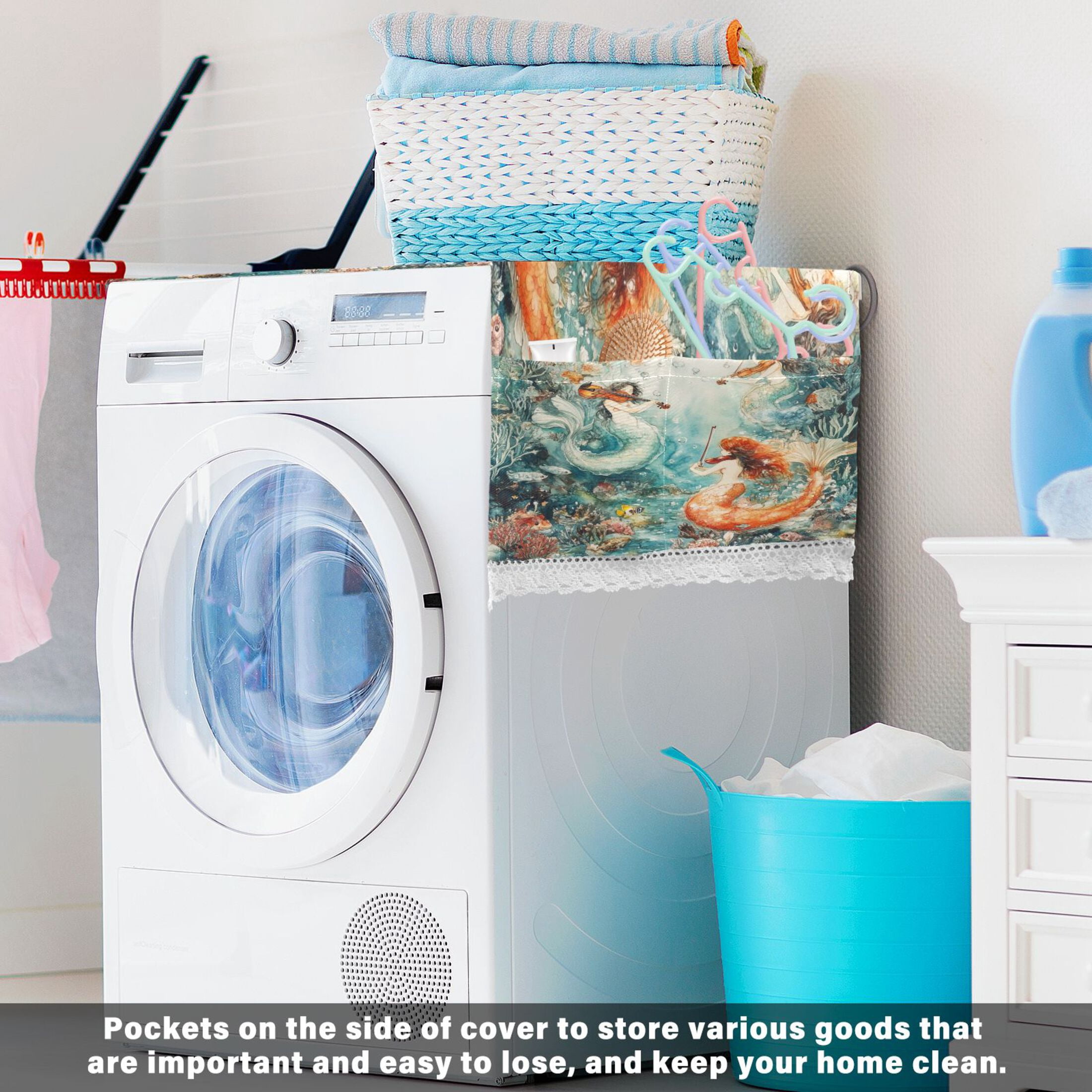 Washing Machine Cover 51.2x22in, Durable Polyester Dust Cover with Lace Trim and Side Pocket for Appliances Mermaid Plays Music