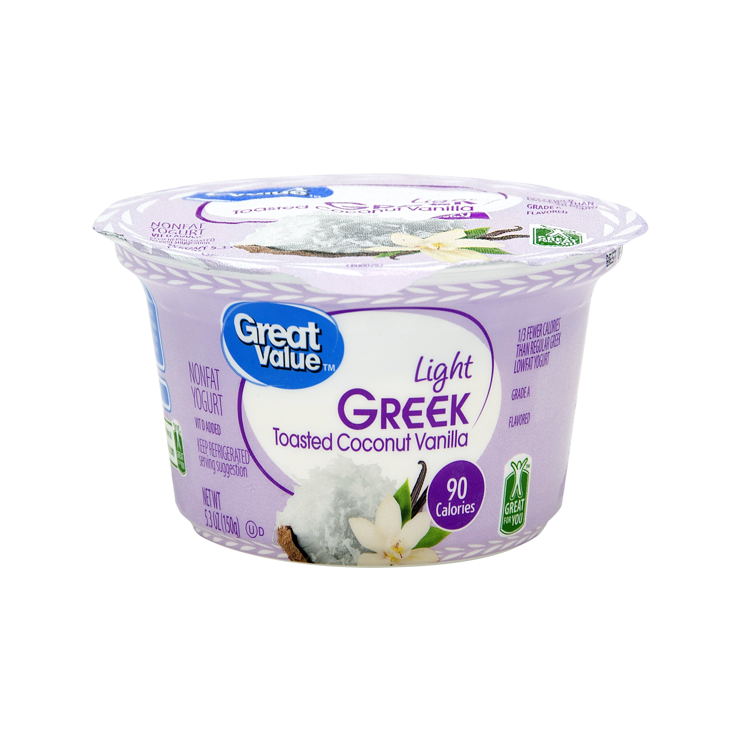 Great Value Light FatFree Toasted Coconut Vanilla Greek Yogurt, 5.3 Oz