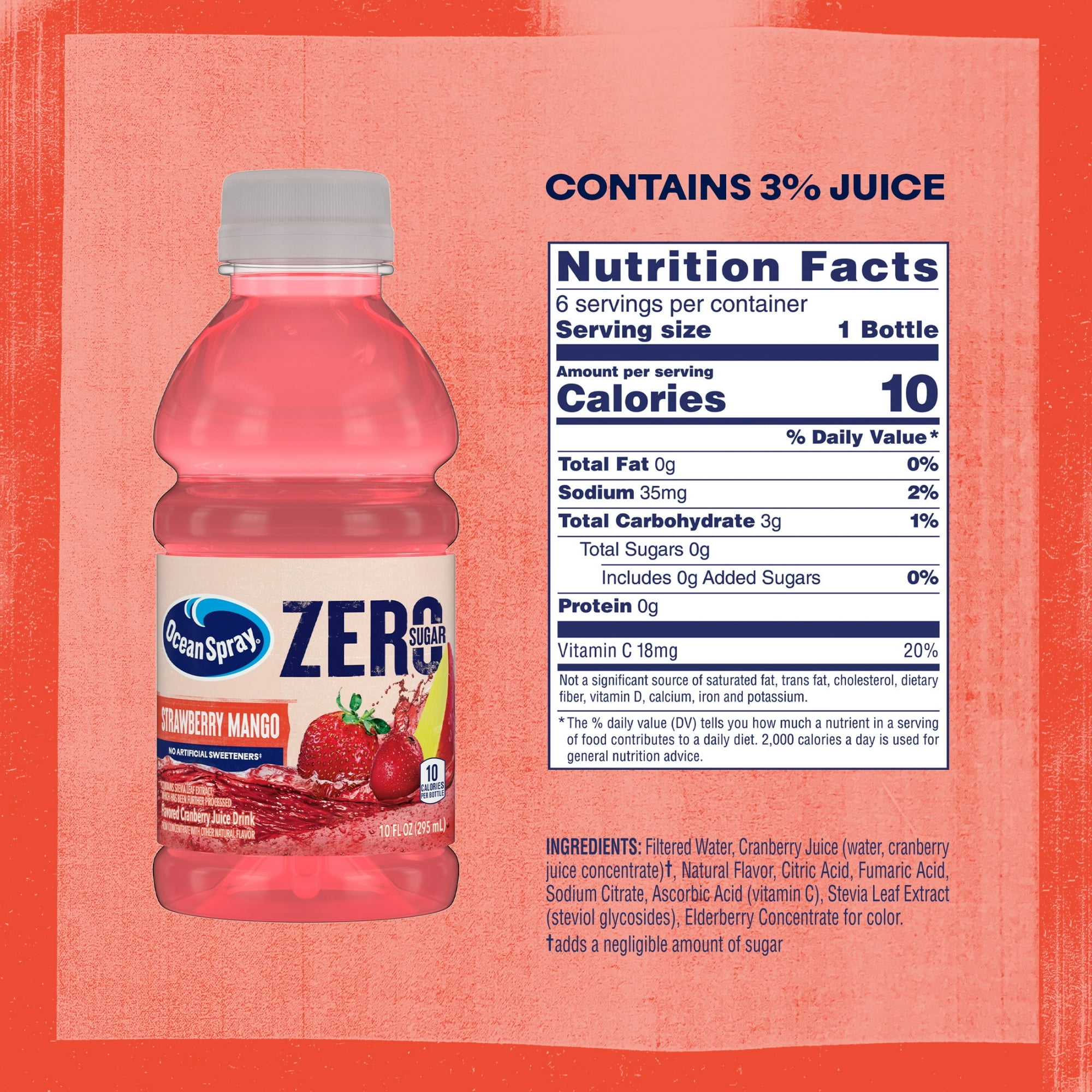 Ocean Spray® Zero Sugar Strawberry Mango, 10 Fl Oz Bottle, 6 count - 3 Multipack